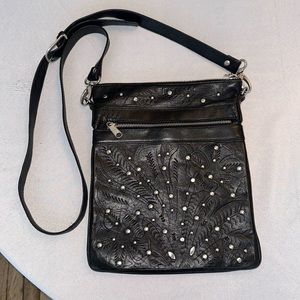 JL Saldivar black leather studded and embossed satchel bag purse crossbody 11x9”